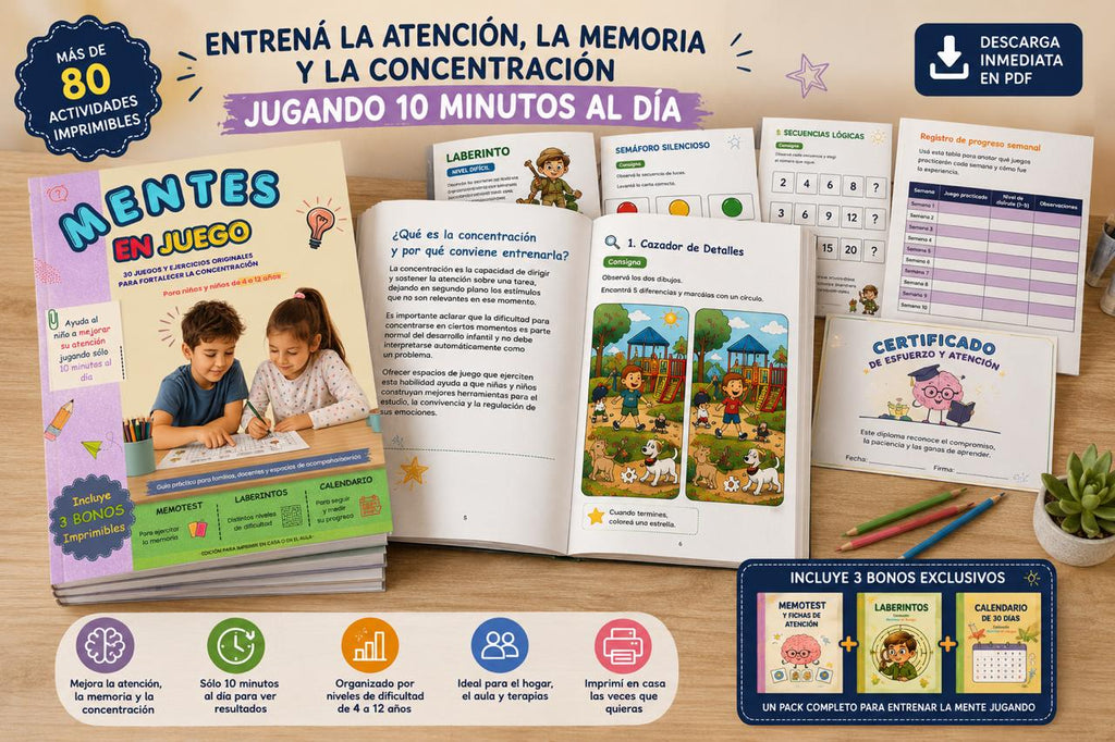MENTES EN JUEGO | 80 Actividades Imprimibles para Atención, Memoria y Lógica.