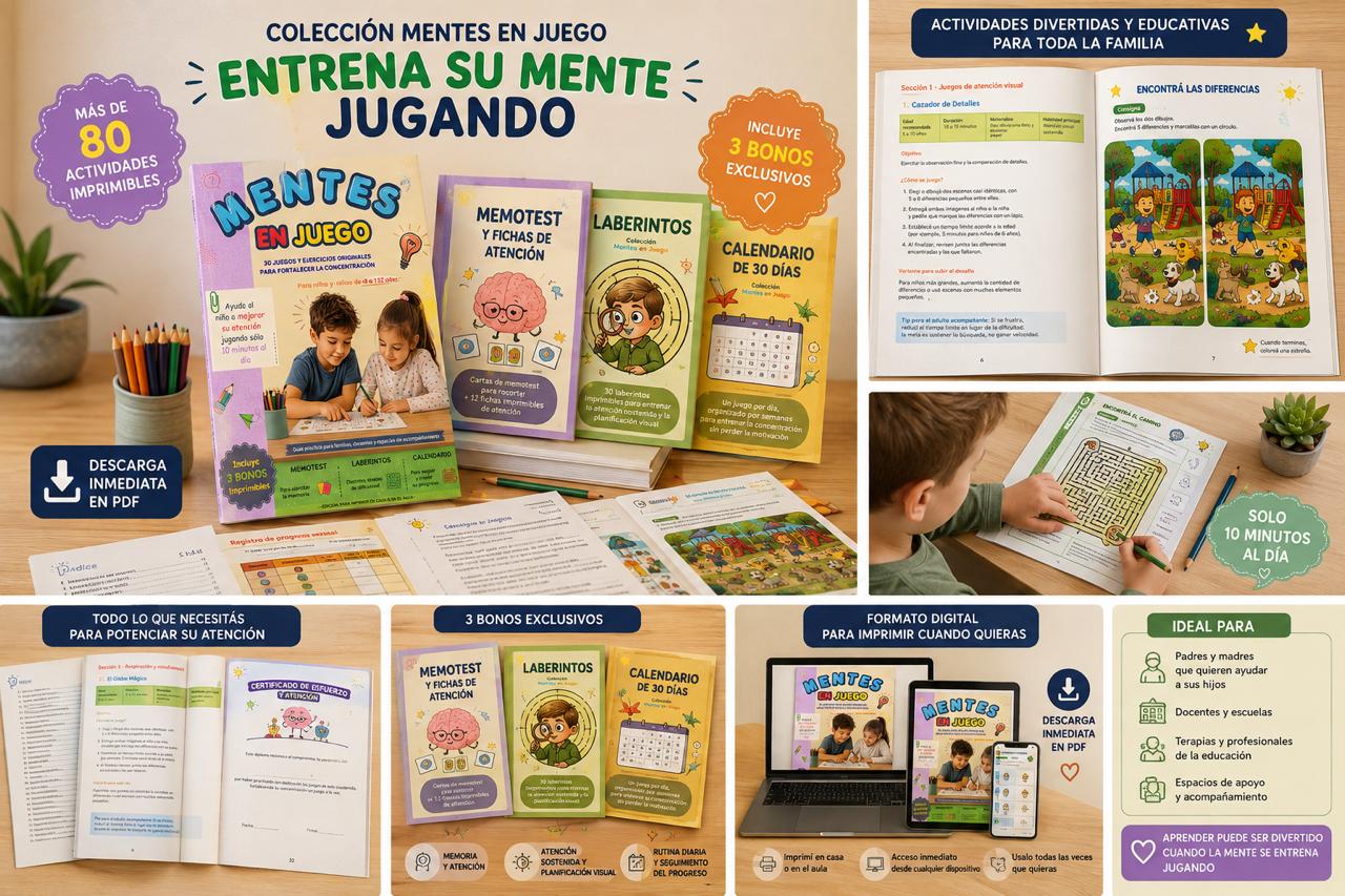 MENTES EN JUEGO | 80 Actividades Imprimibles para Atención, Memoria y Lógica.