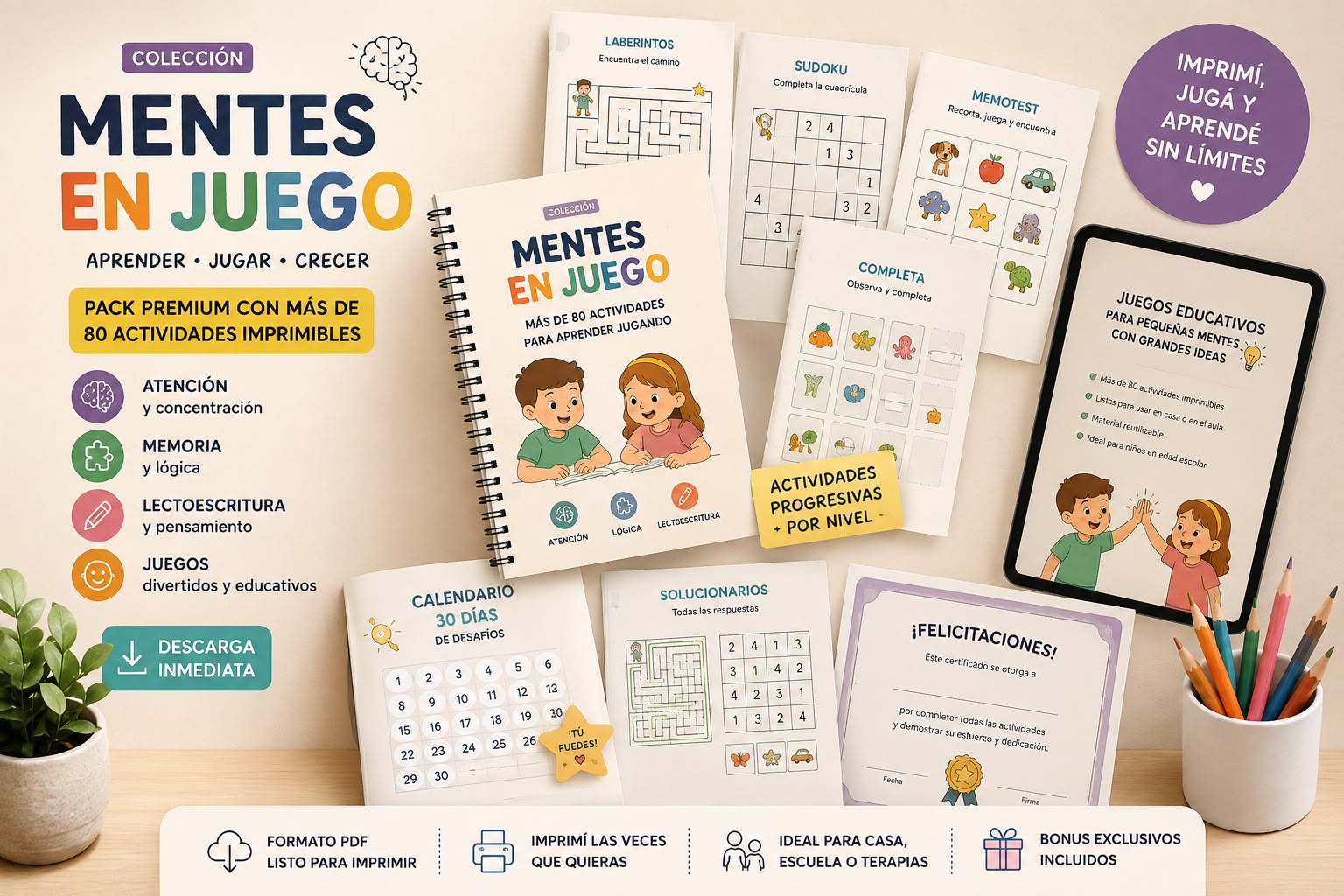 MENTES EN JUEGO | 80 Actividades Imprimibles para Atención, Memoria y Lógica.